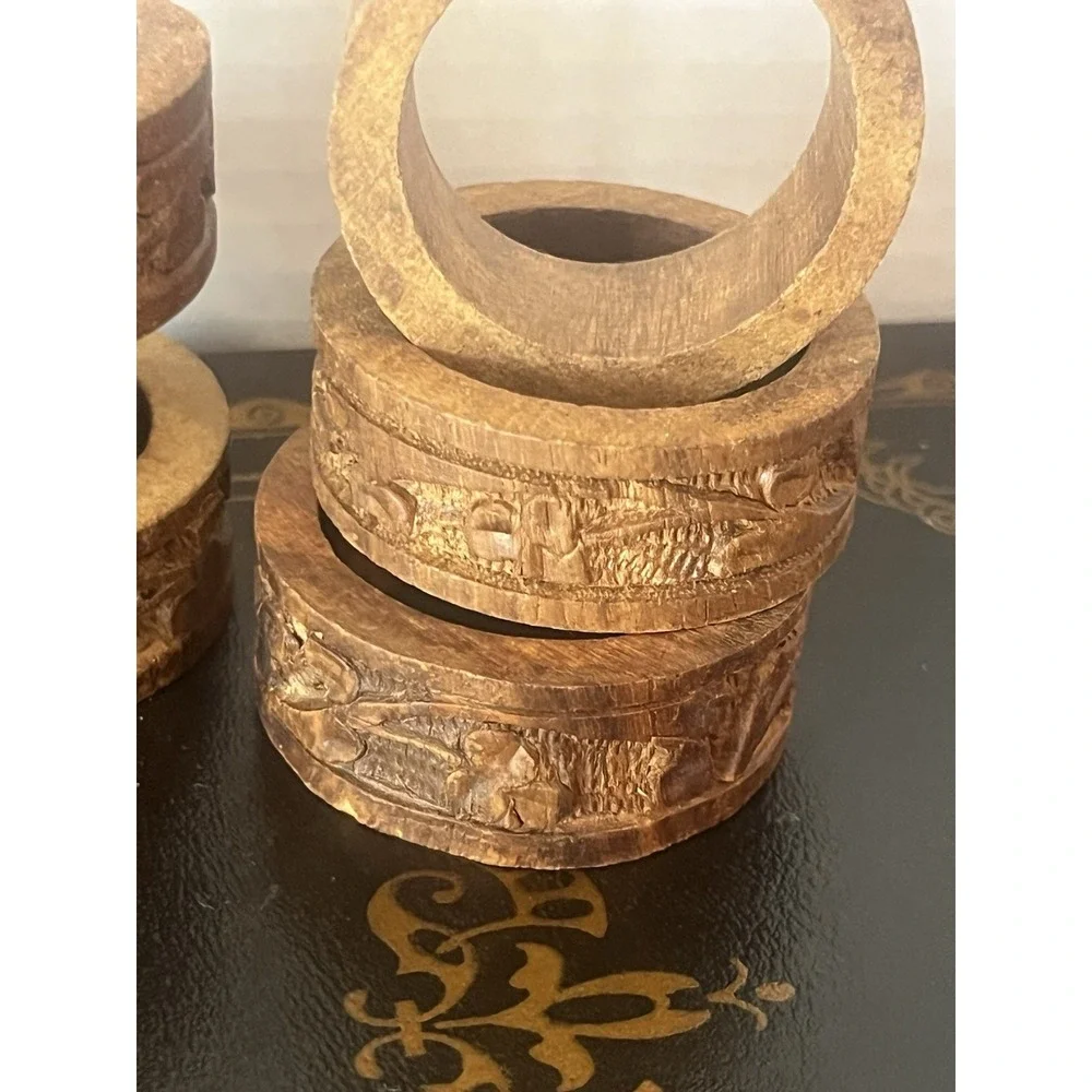 Vintage MCM Carved‎ Wood Napkin Rings Set of 6 Brown Flowers Boho Decor Tiki